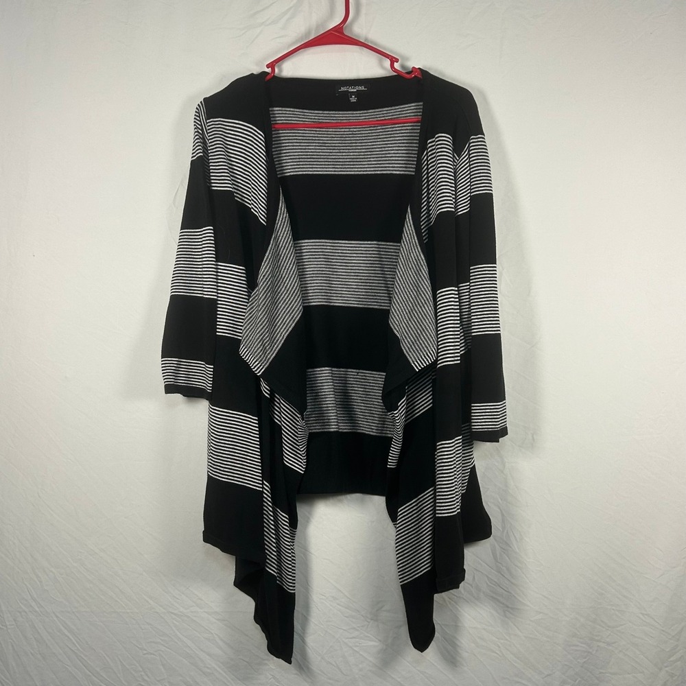 Notations Cardigan Women 1X Black White Striped Waterfall Open Front Sweater
